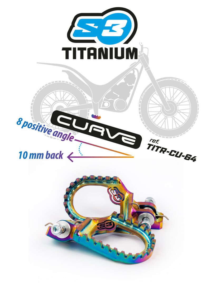 S3 parts TITANIUM TRIAL ‘CURVE’ FOOTPEGS – 10mm BACK + 8 Degree Angle
