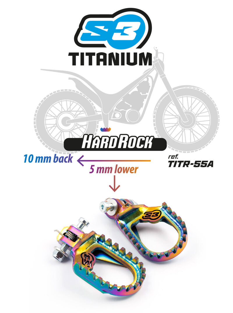 S3 parts TITANIUM TRIAL ‘HARDROCK’ FOOTPEGS – 10mm BACK + 5mm LOW (FLAT) TXT GASGAS 2023 to current.